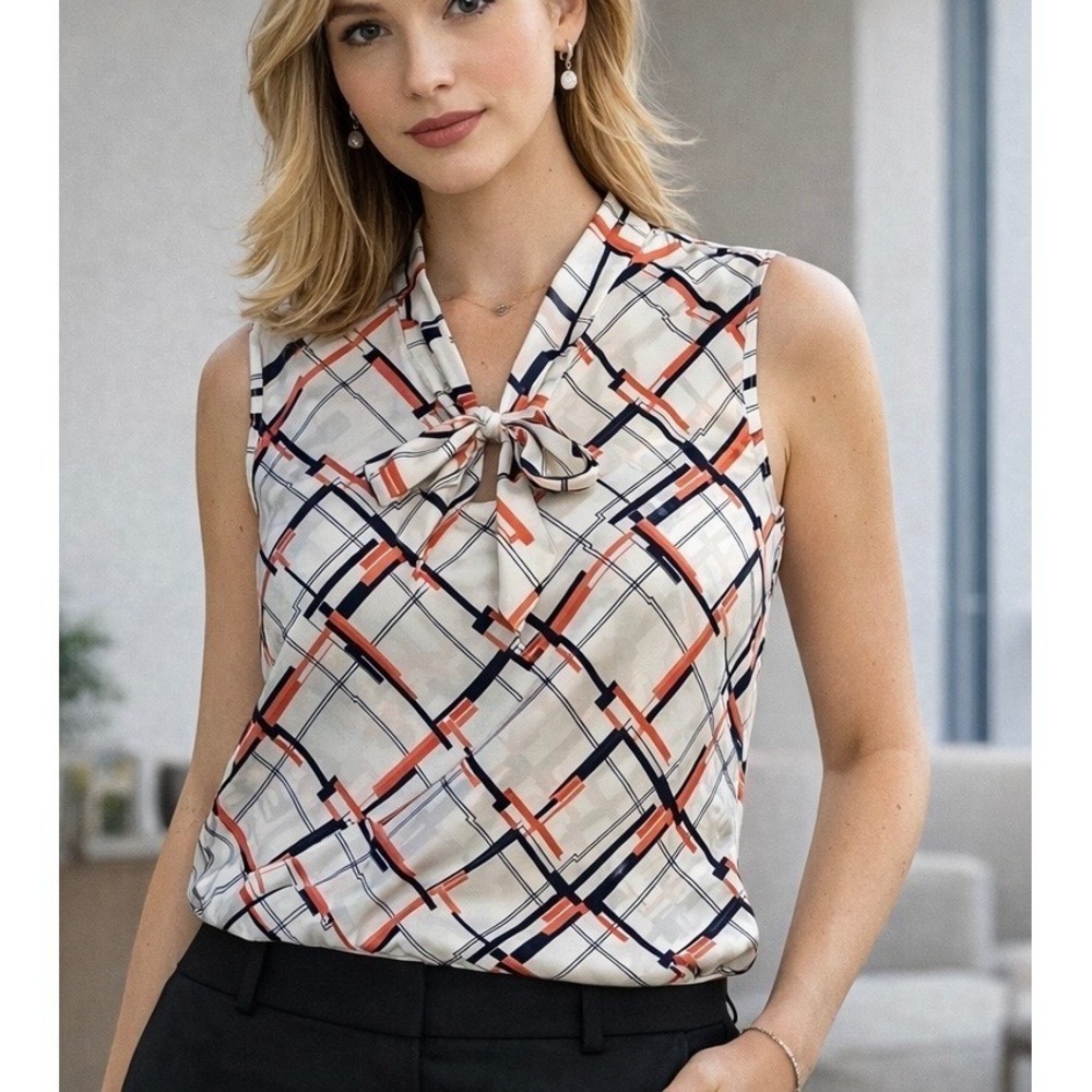 Kasper Women Sleeveless Bow Neck Blouse Geometric Grid Navy Orange White Large
